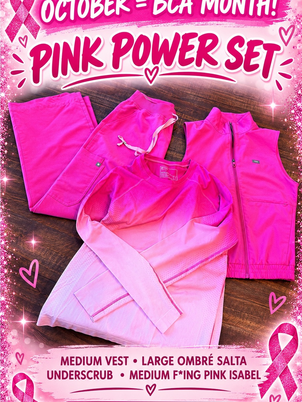 Figs Women's Pink Ombre Jogger Set - Bright Pink Vest & Top